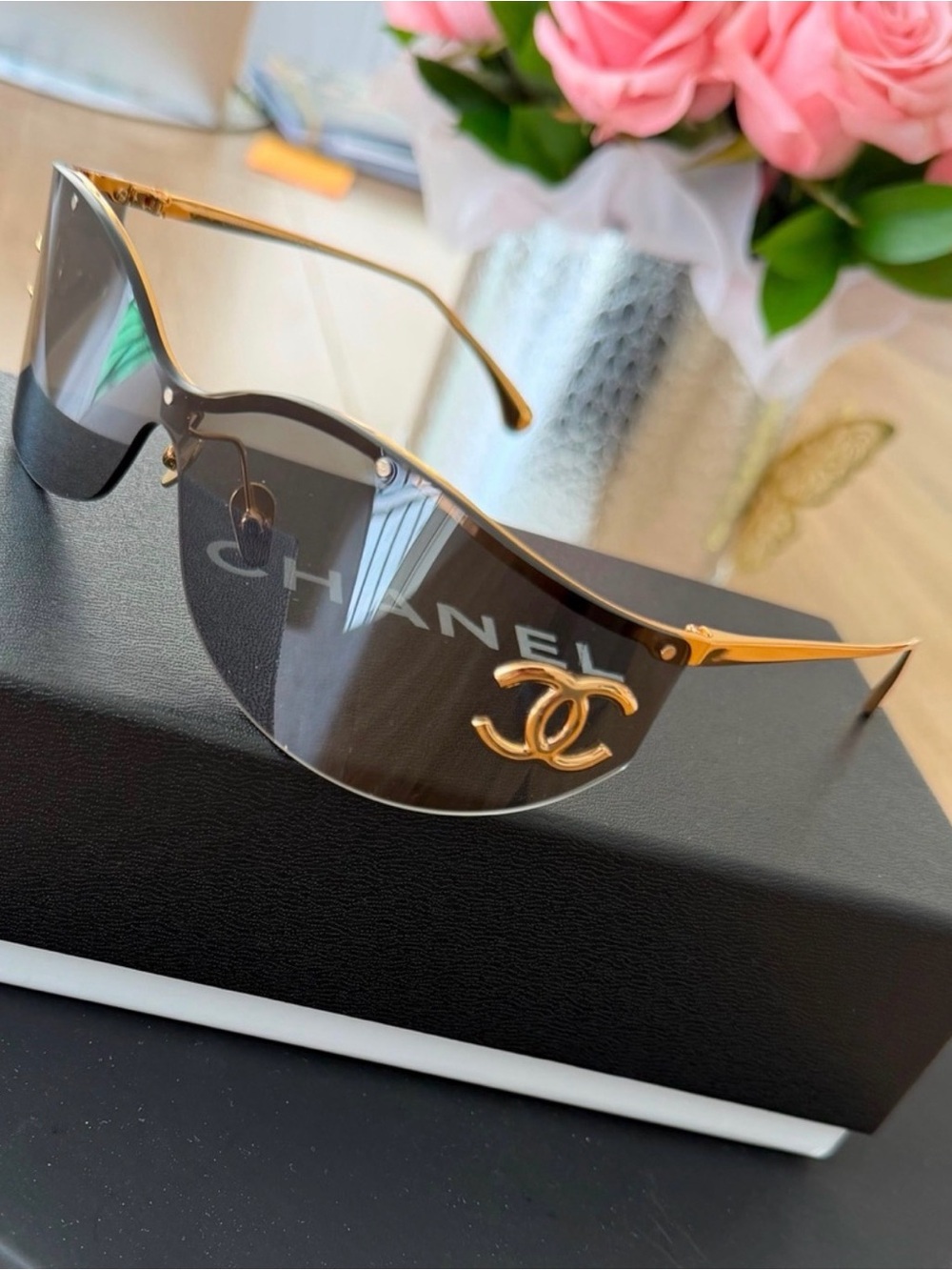 CHANEL Gold and Black CC Logo Shield Sunglasses